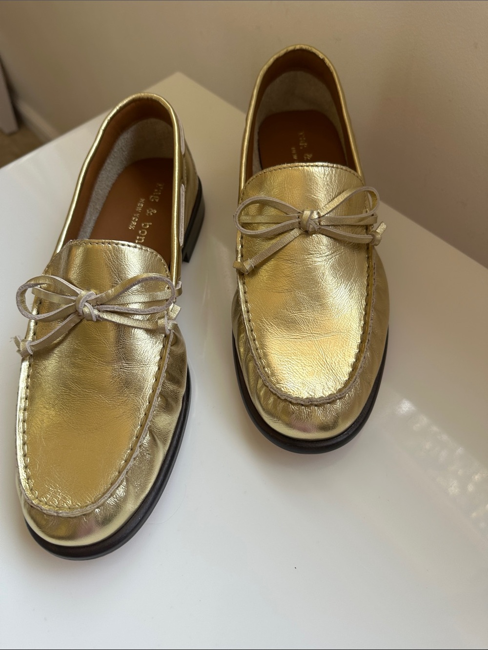 rag & bone Metallic Gold Leather Bow Loafers size 40